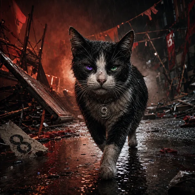 Ninth walks out of burning wreckage in the rain, a torn number eight marker lying in a puddle behind him.