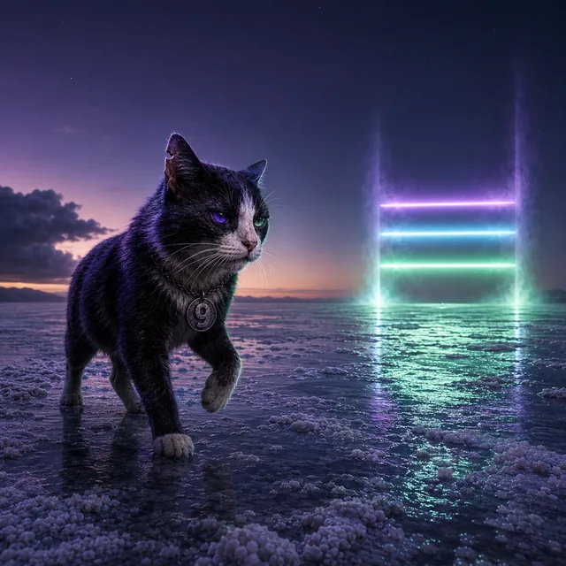 Ninth steps across a mirrored salt flat at dusk toward a glowing purple, cyan and green gateway.
