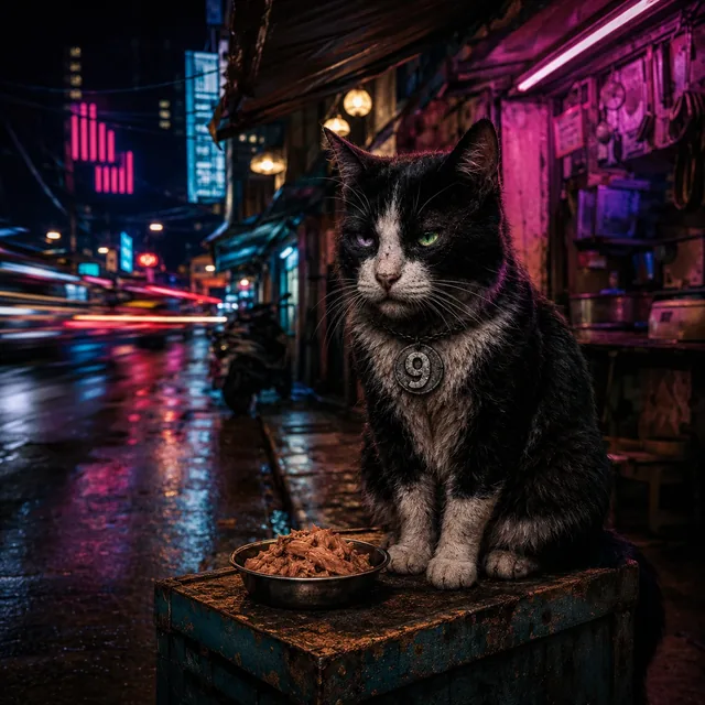 Ninth sits alert on a rusted crate beside a bowl of tuna on a neon-soaked street where traffic blurs past.