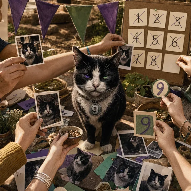 Many hands surround Ninth holding photographs of him, a hand-drawn board of eight crossed-out lives behind them.
