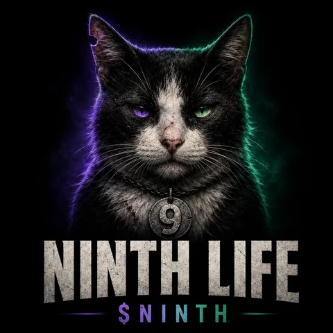 The Ninth Life emblem: Ninth stares forward with mismatched violet and green eyes, a cracked number nine medallion at his throat.
